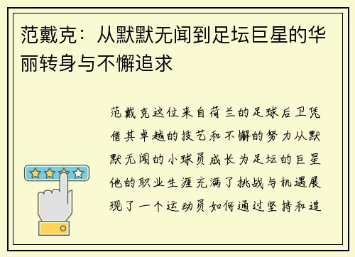 范戴克：从默默无闻到足坛巨星的华丽转身与不懈追求